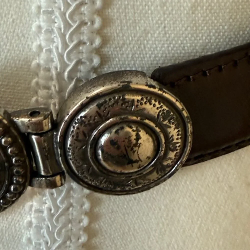 Fossil Skinny Belt Brown Leather Womens S Ornate Silver Metal Buckle and Keeper